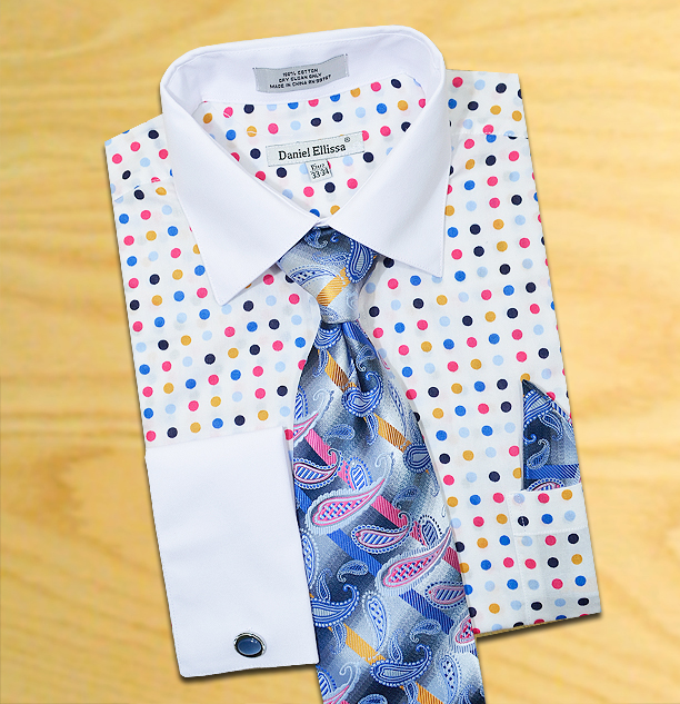 Daniel Ellissa White / Blue Multi Polka Dot Shirt / Tie / Hanky Set With  Free Cufflinks DS3769P2